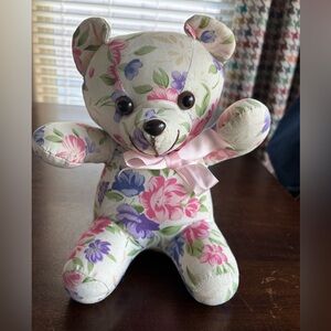 Milaca Mills Vintage Teddy. Floral Chintz Fabric, with Pink Bow.